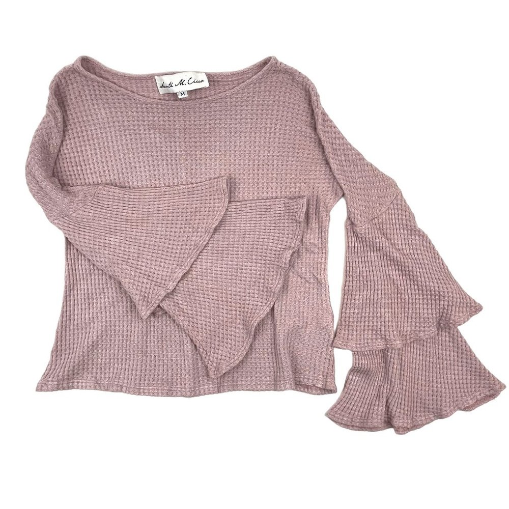 Sante' M. Cicco Waffle-Knit Scoop-Neck Crop Top Layered Bell Sleeve Pink Sz. M